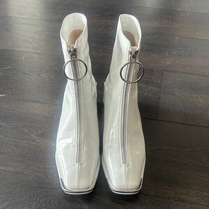 Patent White Front-Zip Ankle Booties with Ring Pull